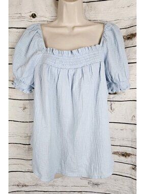 J Crew Blue Peasant Crinkle Gauze Top XL NEW 100% Cotton Puff Sleeves